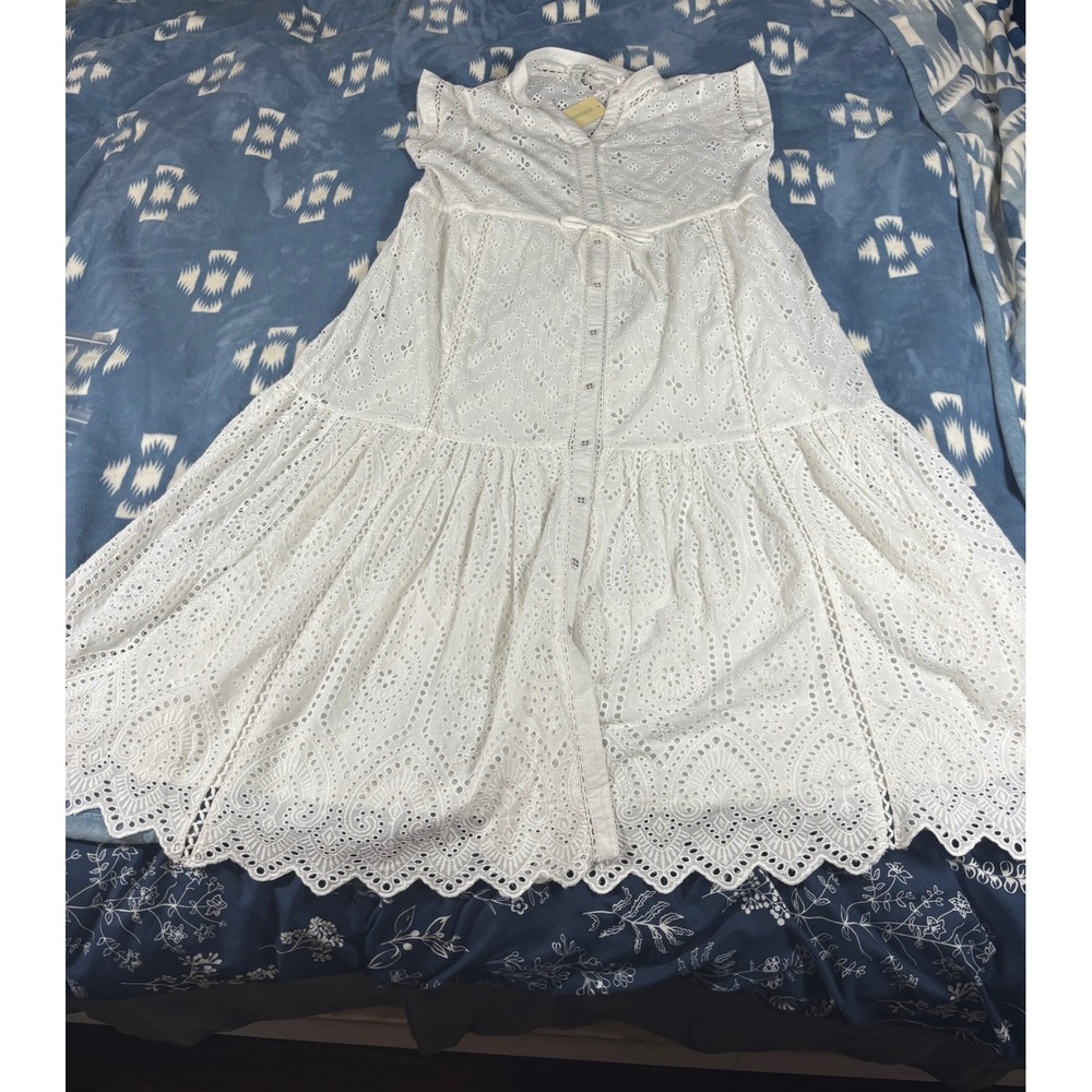 Sundance White Eyelet Lace Tiered Midi Dress Sleeveless Button Front Boho New